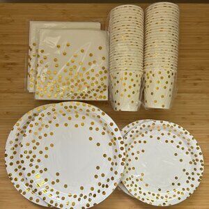 NWT 200-piece Gold Polka Dot Paper Party Plates, Cups, Napkins